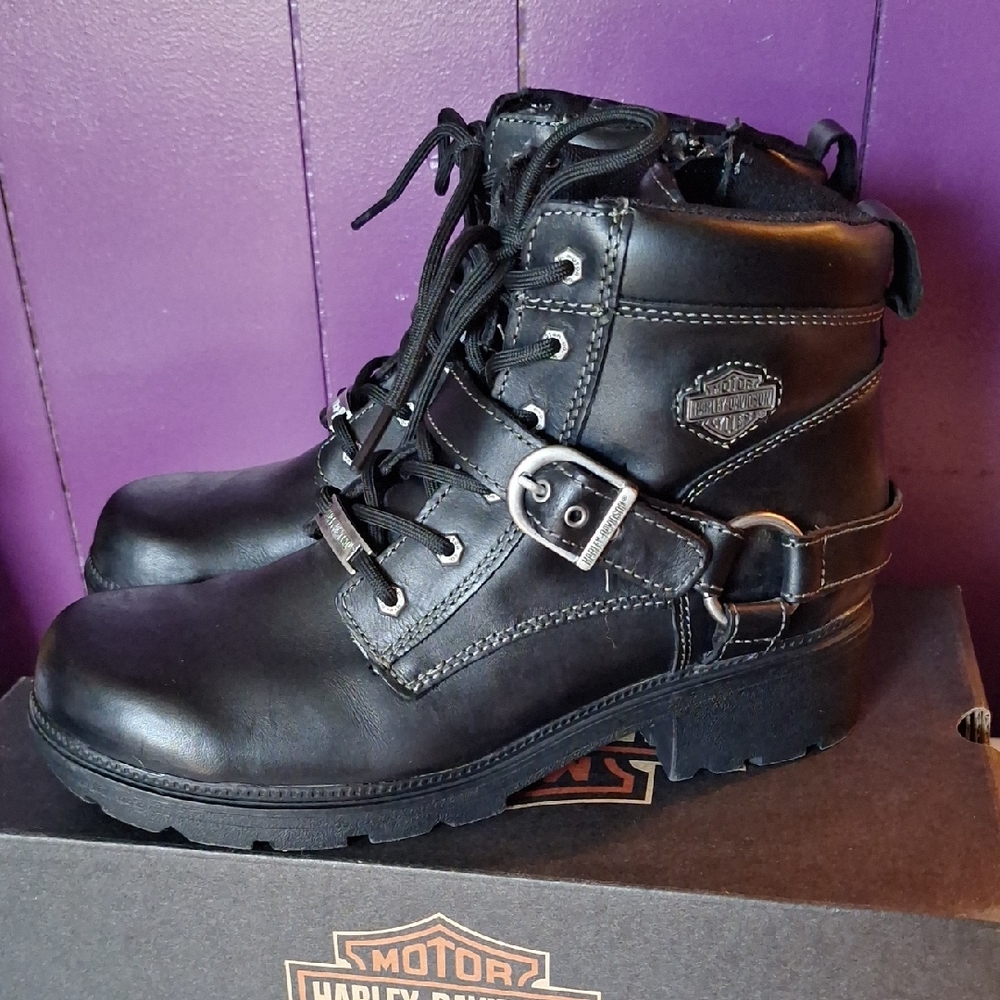 Harley-Davidson Women's Black Leather Lace/Zip-Up Harness Boots with Buckle
